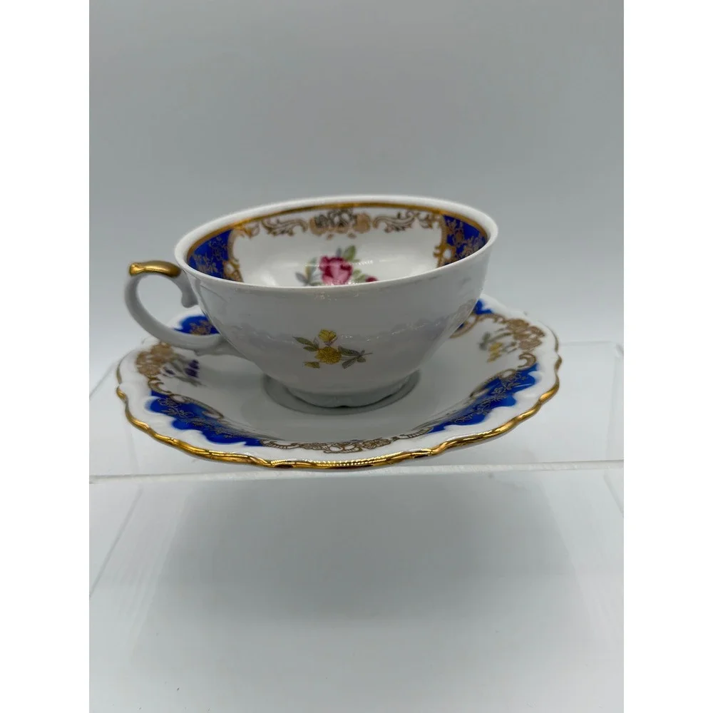 Winterling Bavaria Teacup Saucer Set Blue Gold Floral VTG Porcelain Excellent